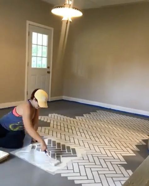 Brick Stencil, Herringbone Brick Floor, Herringbone Brick, Floor Stencil, Herringbone Tile Floors, Brick Floor, Floor Makeover, Painting Tile Floors, Tile Stencil