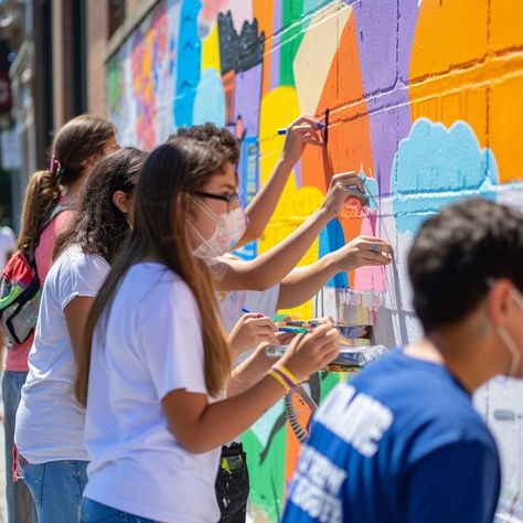 Community Painting Activity: A group of people collaboratively painting a vibrant mural on a wall in daylight. #community #painting #mural #art #collaboration #aiart #aiphoto #stockcake ⬇️ Download and 📝 Prompt 👉 https://ayr.app/l/22bm Community Painting, Community Mural, Collaborative Mural, Art Collaboration, Painting Mural, A Group Of People, Painting Activities, Group Of People, Mural Painting