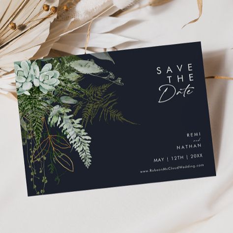 Greenery And Gold Leaf Script Dark Navy Horizontal Save The Date #zazzle #weddinginvitations #birthdayinvitations #babyshowerinvitations #zazzleinvitations #monogram #businesscards #graduation #homedecor Rustic Bohemian Wedding, Rustic Wedding Save The Dates, Gold Save The Dates, Forest Theme Wedding, Green Themed Wedding, Rustic Save The Dates, Emerald Green Weddings, Minimal Gold, Whimsical Watercolor