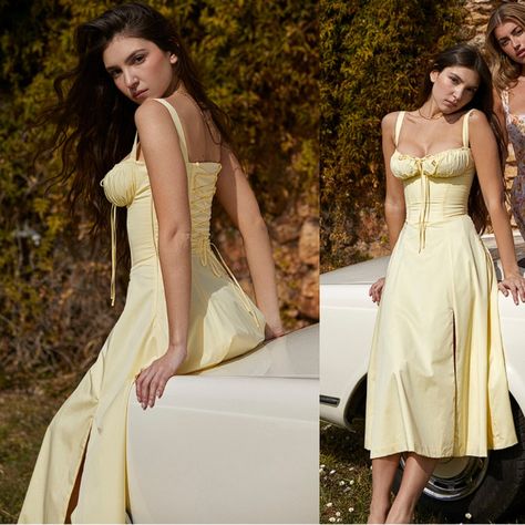 You'll Feel Ultra Feminine In The 'Carmen' Dress That's The Perfect Match For Spring And Summer Garden Parties. It's Cut From Stretch Cotton In A Gorgeous Buttercup Hue And Has A Corseted Bodice To Cinch The Fit With A Beautiful Lace Up Back. The Gathered Bust Has A Drawstring Tie And The Side Split Adds A Little Sexiness To Reveal A Flash Of Leg. It's Fully Lined For Comfort And Has A Zip To The Left Side For Easy On. The 'Regular' Cup Option Suits Cup Size A-C Whilst The 'Bigger' Cup Option Su Anniversary Brunch, Bustier Sundress, Winter Gown, Champagne Bars, Winter Gowns, Carmen Dress, Bodycon Gown, House Of Cb Dresses, Midi Sundress