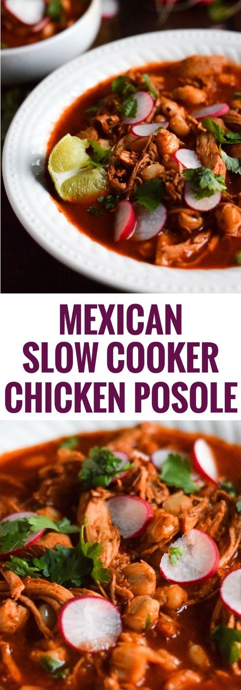 Slow Cooker Chicken Posole, Slow Cooker Posole, Chicken Posole, Mexican Slow Cooker, Recipes With Enchilada Sauce, Mexican Soup, Slow Cooker Desserts, Red Chile, Dinner Chicken