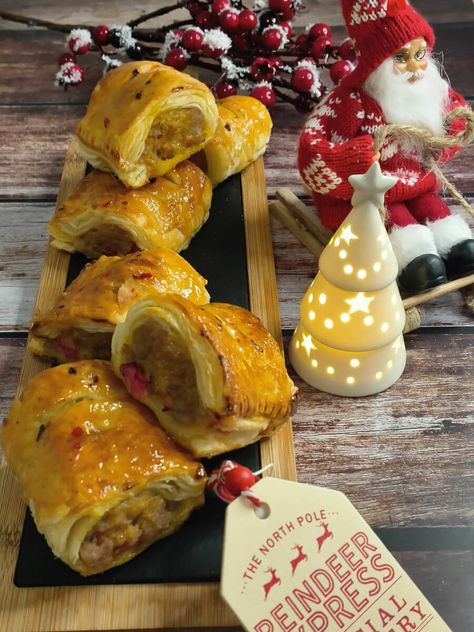 Festive Sausage Rolls Garlic Puree, Pork Meat, Sausage Rolls, Pork Sausage, Cranberry Sauce, Fresh Parsley, Meat Free, Puff Pastry, Fresh Herbs