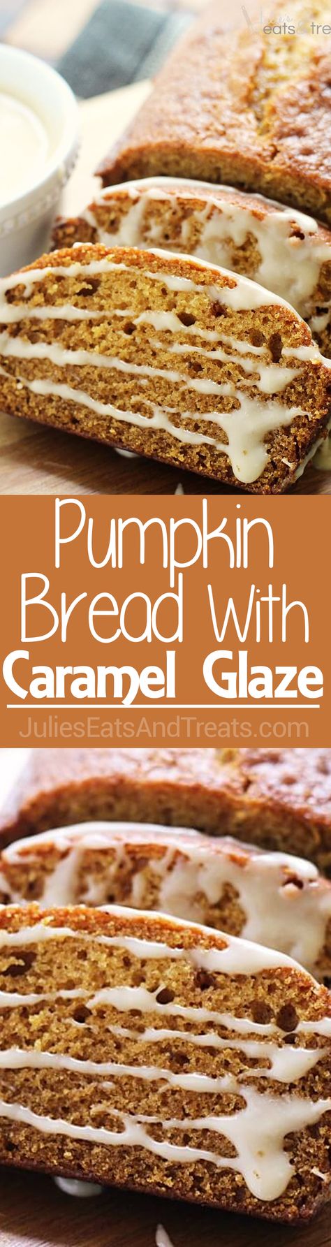 Pumpkin Bread with Caramel Glaze ~ The Perfect Pumpkin Bread Topped with a To-Die-For Caramel Glaze! via @julieseats Pumpkin Bread Recipe Moist, Recipe With Caramel, Recipe For Caramel, Canned Pumpkin Recipes, Bread Pumpkin, Bread Healthy, Moist Pumpkin Bread, Savory Pumpkin Recipes, Pumpkin Loaf