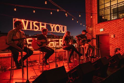 Warner Music Group:  Event Photography in Denver at The Ramble Hotel Live Music Stage Design Restaurant, Ramble Hotel, Outdoor Live Music Aesthetic, Terrace Party, Professional Concert Photography, Music Setup, Intimate Music Event, Live Concert Photography, Corporate Event Photography