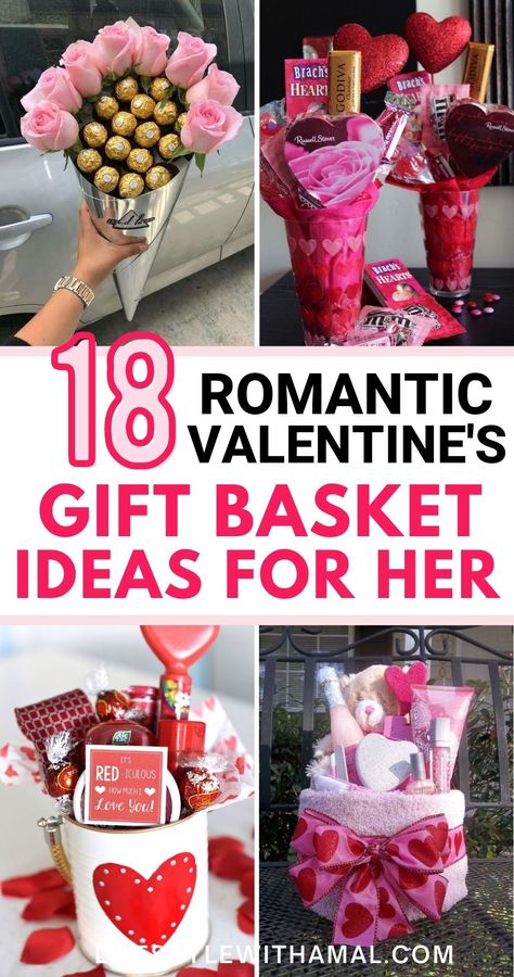 Looking for some cute DIY Valentine's Day Gift Baskets for her? Here are 18 of the sweetest homemade baskets you can 100% she will actually swoon over! If you to impress her this Valentine's Day and show her just how much you care, click on the in to get all the inspiration you need to make your own Valentine's Day gift baskets! These gift baskets are super thoughtful and easy to create so you can easily make these for friends, coworkers and family! Valentines Basket For Him, Diy Valentine's Gift Baskets, Valentines Gift Baskets, Valentine's Day Baskets, Valentines Basket, Diy Gift Basket, Homemade Valentines Gift, Gift Basket Business, Gift Ideas For Your Girlfriend