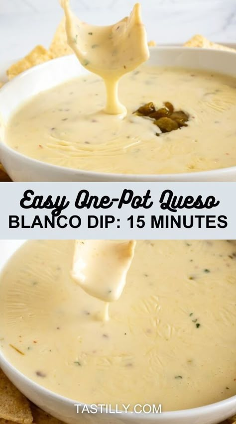 Creamy and spicy Queso Blanco Dip is easy and quick to make with only 5 basic ingredients, which you can change to your liking. Melted white Amercian cheese and green chiles along with heavy cream make the perfect melty base for anything else you want to add! Queso Recipe Easy, Queso Blanco Dip, White Cheese Dip, White Queso Dip, Spicy Queso, Queso Dip Recipes, Delicious Dips Recipes, Queso Recipe, Green Chiles