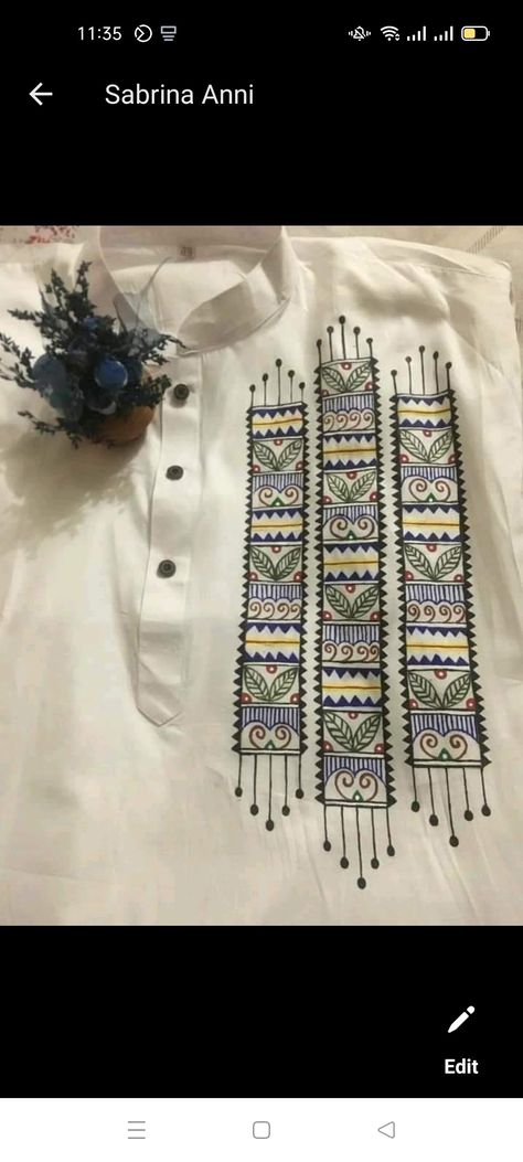 Hand Painted Panjabi For Men, Panjabi Art Design For Men, Punjabi Fabric Design, Fabric Paint Shirt Ideas Design, Kurti Painting Ideas, Painting On Kurta For Men, Panjabi Fabric Painting, Kurta Painting Design For Man, Hand Painted Kurta For Men