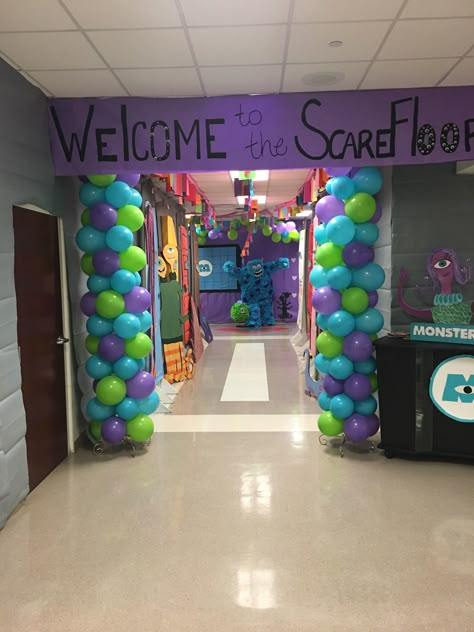 School Hallway Themes Ideas, Monsters Inc Homecoming Float, Monsters Inc Room Transformation, Disney Pep Rally Ideas, Haunted Homecoming Theme, Disney Homecoming Decorations, Monsters Inc Classroom Transformation, Monsters Inc School Hallway, Disney Theme School Hallway