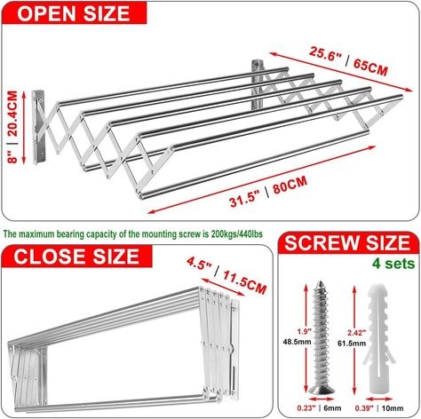 LANDBEAUTY Wall Mounted Clothes Drying Racks Accordion Retractable Stainless Steel Clothes Hanger Folding Holder for Laundry Room Bathroom Hanging Towel Clothes Infant Clothing (XL-31.5 "Fixed Length) : Amazon.ca: Home Wall Mounted Clothes Drying Rack, Towel Clothes, Drying Racks, Laundry Room Bathroom, Drying Rack Laundry, Hanger Storage, Laundry Drying, Clothes Drying, Small Laundry Room