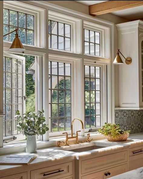 Complete with triple casements together with transoms and dashes of leaded glass that beacon the morning light.⁣⁣ What a great way to start out the week or any morning, along with a good cup of coffee. "Everything happens in the kitchen. Life happens in the kitchen." - Andrew Zimmern⁣⁣ ⁣⁣ #everythinghospitality #everythinghome #kitchendesign #window #kitchenwindow #kitchensink #cocina #kitchendesign #customkitchen #timelesskitchen #kitchensofinstagram #beautifulspaces #kitchengoals Beautiful Kitchen Cabinets, Serene Bathroom, Homescreen Ideas, Custom Kitchens, Luxury Kitchen Design, Casement Windows, Residential Interior Design, Luxury Kitchens, Kitchen Window