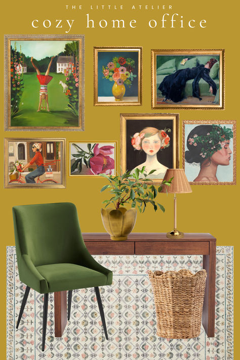 A gallery wall and whimsical touches create a work from home office that is cozy, inspiring, and productive! See how I transformed a basement corner into a cozy home office. Colorful Home Office, Whimsical Office, Create A Cozy Home, Work From Home Office, Home Vision Board, Office Wallpaper, Cozy Home Office, Office Crafts, Craft Room Office