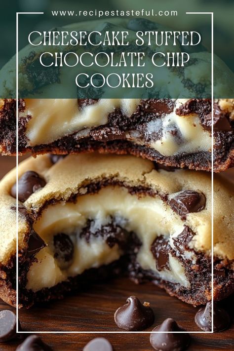 Indulge in these decadent Cheesecake Stuffed Chocolate Chip Cookies! Combining the rich flavors of creamy cheesecake with classic chocolate chip cookies, these treats are perfect for satisfying your sweet tooth! Chocolate Chip Cheesecake Cookies Recipe, Cookie Swap Recipes, Cheesecake Cookies Recipes, Stuffed Chocolate Chip Cookies, Desserts With Chocolate Chips, Classic Chocolate Chip Cookies, Chocolate Christmas Cookies, Eclair Recipe, Cookie Recipes Chewy