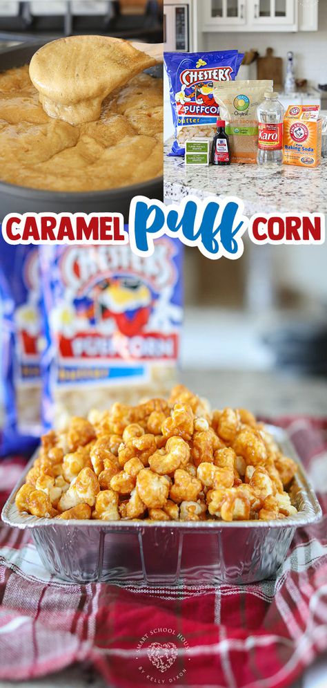 Caramel Cheese Puffs, Caramel Popcorn Puffs, Caramel Puff Corn Recipe Microwave, Christmas Puffcorn Recipes, Sweet Puffed Corn, Puffed Carmel Popcorn, Puff Carmel Popcorn, Butter Puff Carmel Corn, Caramel Corn With Puff Corn