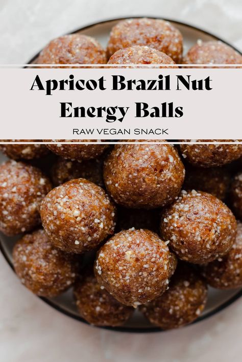 Dried Apricot Brazil Nut Energy Balls - 4 ingredients, 1 bowl, and 30 minutes to make! You'll love these energy balls! They're raw vegan, gluten-free, and absolutely delicious! They're the perfect snack for when you're on the go or a great pre-workout snack. Learn all about the benefits of Brazil Nuts via the link! #driedapricots #brazilnuts Brazilian Nuts Recipes, Brazilian Nut Recipes, Brazilian Nuts Benefits, Benefits Of Brazilian Nut, Brazil Nuts Recipes, Brazil Nut Recipes, Brazil Nuts Benefits, Brazilian Nuts, Raw Vegan Snacks