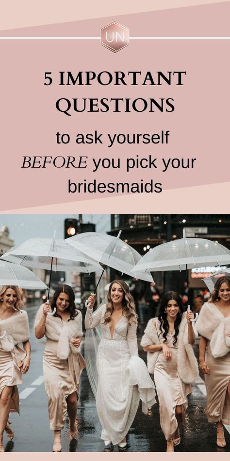 How many bridsemaids? Just the girls? Family only? Run your draft wedding party list past these 5 crucial questions to make sure the right people are on your team. Bridal Party Expectations, Fun Things To Do With Bridesmaids, What Do Bridesmaids Do, Bridesmaid Bonding Activities, Unofficial Bridesmaid Ideas, Bridesmaids Expectations, Bridesmaids No Flowers, Bridesmaid Proposal Outfit, How To Pick Your Bridesmaids