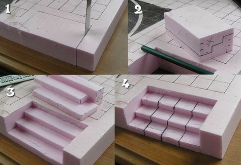 Foam display build - Stairs cutout http://mordheim.ashtonsanders.com/ Dnd Diy, Foam Carving, Dnd Crafts, Lemax Christmas Village, Lemax Christmas, Diy Christmas Village, Christmas Village Display, Village Display, Mask Pattern