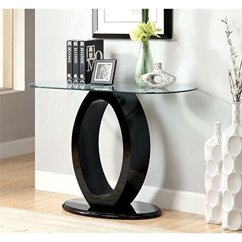 Furniture of America Mason Glass Top Console Table in Black Black Sofa Table, Modern Sofa Table, Top Sofas, Wood Sofa Table, 3 Piece Coffee Table Set, Contemporary Console, Tempered Glass Table Top, Shaped Sofa, U Shaped Sofa