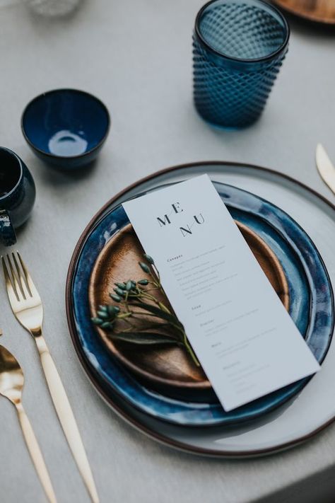 Shades Of Blue Table Setting, Blue Wedding 2023, Portugal Table Setting, Blue Brown Table Setting, Blue Table Set Up, Blue Plates Table Setting, Wedding Colors With Blue, Table Settings Blue, Wedding Colors Palette