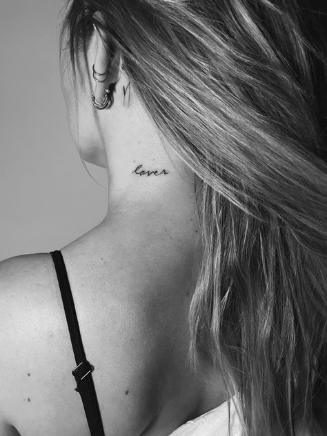 Lover Neck Tattoo, Fine Line Neck Tattoo, Dainty Neck Tattoo, Neck Tattoo Women, Enough Tattoo, Tattoos For Lovers, Tattoo Script, Minimalist Women, Dainty Tattoos