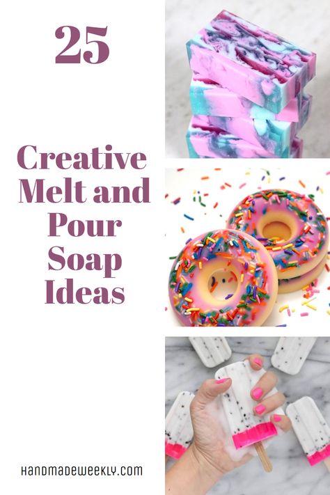 Let's get creative with soap! Unleash your inner artist with our 25 Creative Melt and Pour Soap Ideas. Whether you're a soap crafting novice looking to explore your DIY spirit or a soap-making veteran looking to up your game, this list offers unique, fun and easy-to-follow recipes for you. It's soap making like never before! How To Make Soap Easy, Creative Melt And Pour Soap Ideas, Melt And Pour Loofah Soap Ideas, Food Soap Ideas, Bar Soap Design Ideas, Melt And Pour Soap Recipes Shea Butter, Swirl Soap Melt And Pour, Melt And Pour Recipes Soaps, Melt And Pour Soap Designs Ideas