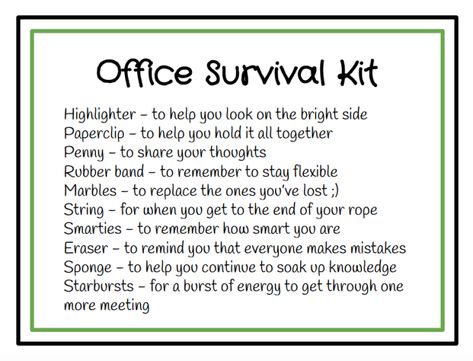 Survivor Kit Ideas, Supervisor Survival Kit Ideas, Office Survival Kit Funny, Secret Work Buddy Gifts, Co Worker Survival Kit Ideas, Office Survival Kit Gift Ideas, Survival Kits For Coworkers, Funny Survival Kit Ideas, Mc Jokes