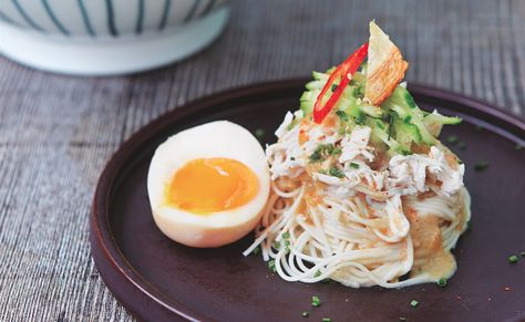 Somen Noodle And Chicken Salad Japanese Italian Fusion, Japanese Fusion Food, Sesame Dressing Recipe, Micro Herbs, Making Sushi, Japanese Egg, Fusion Recipes, Small Cucumber, Italian Chef