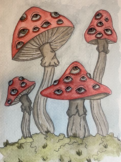 Mushroom Drawing Fantasy Fairy Art, Mushroom With Eyes Painting, Eyes On Mushrooms, Creepy Mushroom Painting, Weird Mushroom Art, Grunge Mushroom Drawing, Weird Plants Drawing, Giant Mushroom Drawing, Mushroom Eyes Drawing