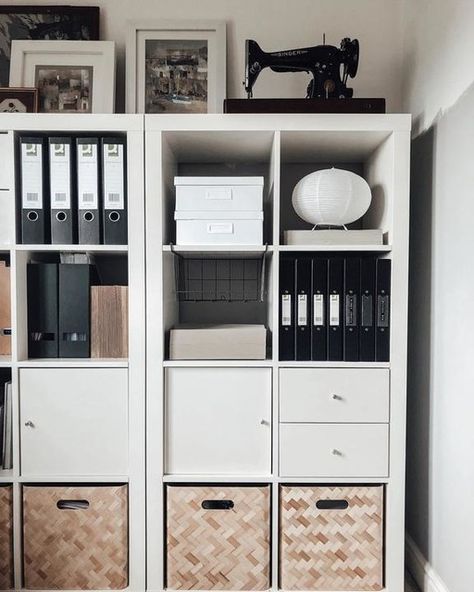 Office Storage Ideas Ikea, Kallax Styling Office, Ikea Hacks Office Ideas, Ikea Kallax Organization, Kallax Office Ideas, Kallax Home Office, Ikea Craft Room Storage, Kallax Office, Kallax Styling