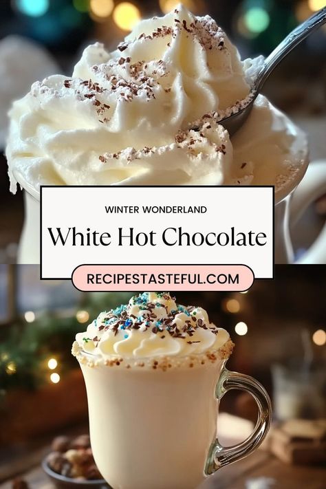 Indulge in the creamy, dreamy taste of this white hot chocolate, perfect for cozy winter nights. Made with velvety white chocolate and topped with whipped cream and festive sprinkles, it’s the ultimate winter treat. Whether you're celebrating the holidays or simply warming up, this rich and sweet drink will make your season even brighter! Boozy White Hot Chocolate, White Chocolate Pumpkin Hot Chocolate, Best White Hot Chocolate Recipe, Winter Wonderland White Hot Chocolate, White Hot Chocolate Starbucks, White Chocolate Hot Chocolate Recipe, Winter Wonderland Hot Chocolate Bar, Frozen Whipped Cream For Hot Chocolate, Hot Chocolate Toppers