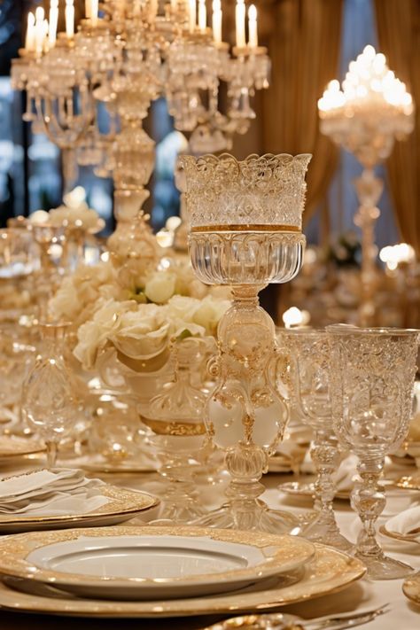 Elegant table setting with intricate glassware, white roses, and gold accents under ornate chandeliers. Everyday Dining Table Decor, Dining Table Decorations For Home, Simple Centerpiece Ideas, Elegant Dining Table Decor, Table Decorations For Home, Dining Table Decor Everyday, Dining Table Decor Ideas, Dining Table Decorations, Simple Centerpiece