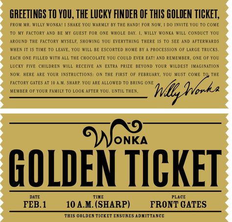 Willy+Wonka+Golden+Ticket+Printable Golden Ticket Template, Chocolate Factory Party, Charlie Chocolate Factory, Wonka Chocolate Factory, Willy Wonka Party, Wonka Chocolate, Golden Ticket, Ticket Template, Book Week