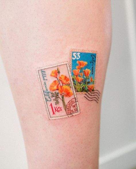 California Poppy Stamp Tattoo, California Poppy Tattoo Color, California Stamp Tattoo, California Tattoo Ideas, Envelope Tattoo, Tattoo Aesthetics, California Poppy Tattoo, Pair Tattoos, Small Colorful Tattoos