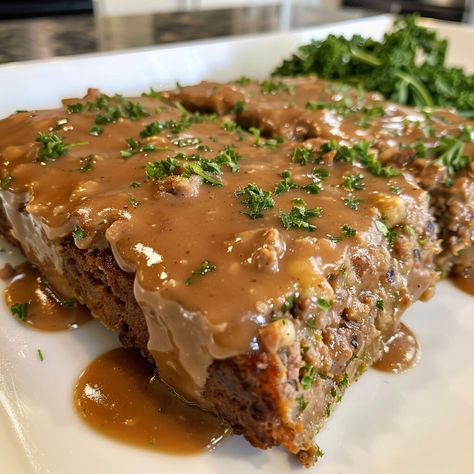 Meatloaf with Brown Gravy Recipe Mushroom Brown Gravy, Meatloaf With Brown Gravy, Meatloaf Gravy Recipe, Mushroom Meatloaf Recipes, Brown Gravy Meatloaf, Onion Soup Meatloaf Recipe, Brown Onion Gravy, Brown Gravy Recipe Easy, Mashed Potatoes And Green Beans