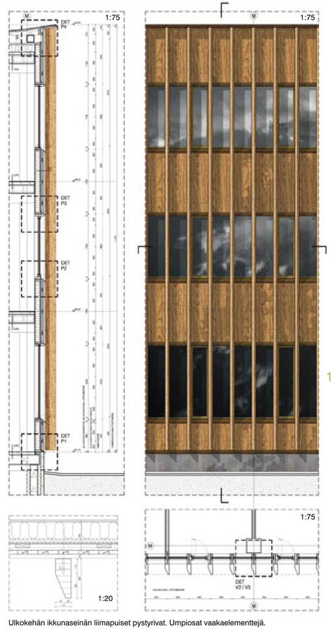 Technical details presented next to an Elevation and a Plan technical section with all parts linign up, is really easy to read from the METLA Forest Research Centre / SARC Architects Wood Facade, Facade Architecture Design, Plans Architecture, Wood Architecture, Architectural Section, Research Centre, Construction Drawings, Building Facade, Detailed Drawings