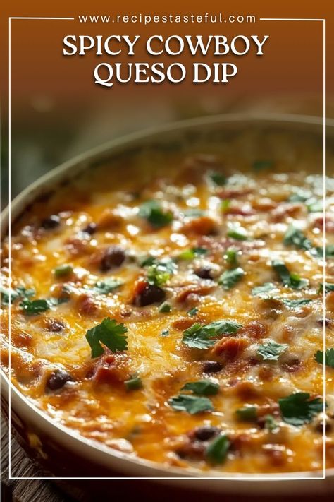 This Spicy Cowboy Queso Dip is the ultimate cheesy, savory dip, packed with ground beef, chorizo, and three kinds of cheese, plus a kick from jalapeños and a burst of flavor from diced tomatoes with green chiles. Perfect for game day, parties, or any occasion that calls for a crowd-pleasing snack. It’s creamy, spicy, and utterly irresistible! Cowboy Queso Dip, Cowboy Queso, Chorizo Dip, Chorizo Queso, Beef Chorizo, Beef Dip, Cheesy Dip, Green Chiles, Queso Dip