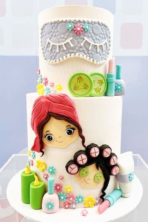 Don't miss this spa-tacular spa-themed birthday party! The birthday cake is wonderful! See more party ideas and share yours at CatchMyParty.com Spa Cake Ideas, Spa Theme Cake, Spa Party Cake, Head Towel Wrap, Spa Birthday Cake, Spa Birthday Party Ideas, Spa Cake, Spa Birthday Party, Cinderella Cake