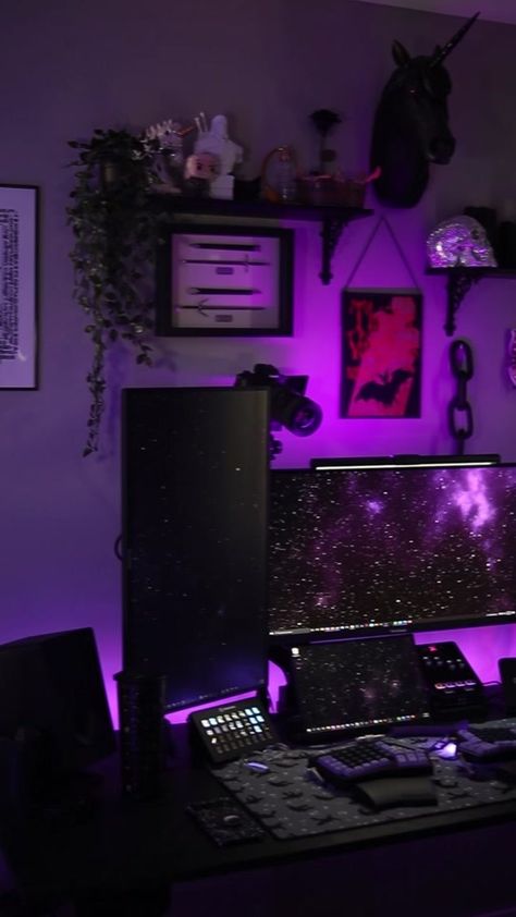 some darker setup vibes for you 💜🖤💜🖤 #nerd #gaming #setup #setupga... | TikTok Edgy Gaming Setup, Youtube Camera Setup, Purple Setup Aesthetic, Gothic Pc Setup, Cosy Gaming Setup, Black And Purple Setup, Streaming Camera Setup, Streamer Aesthetic, Gaming Room Setup Bedrooms