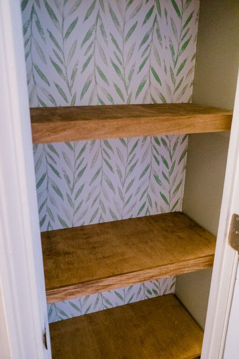 Small Pantry Makeover, Faux Floating Shelves, Wooden Closet Shelves, Small Closet Shelving, Small Closet Makeover, Built In Wall Shelves, Linen Closet Shelves, Closet Makeover Diy, Wall Shelves Bedroom