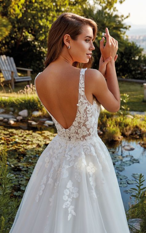 PENNY is an A-line gown with ivory lace over ivory tulle and matte lining. Style: penny_ek1608 #bridalgowndesigner #bridalgownshopping #bridalgowns #alineweddinggown #alinedress #alineskirt #flowygown #alineweddingdress #alinegown Spaghetti Strap Wedding Dress, Eddy K, Bridal Party Gowns, Bling Wedding Dress, Dresses For Pregnant Women, Beach Wedding Dresses, Civil Wedding Dresses, Wedding Dresses With Straps, Wedding Dress Fabrics