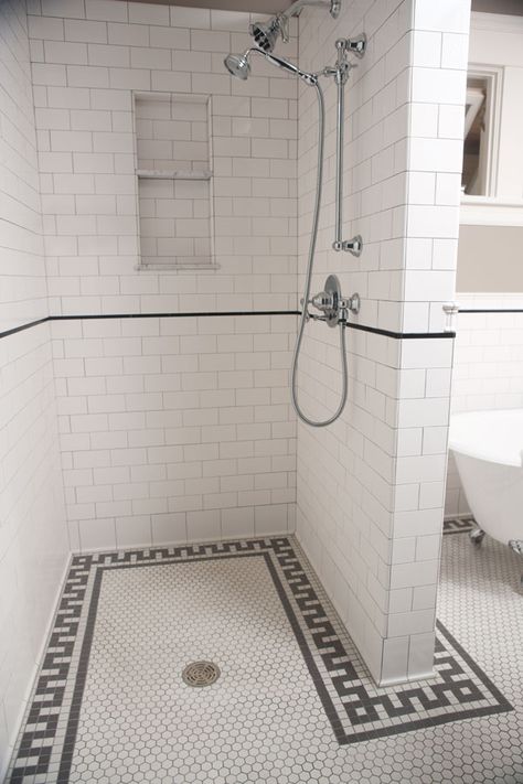 Historic Tile Reproductions, Flat Edge Tile to match tiles from the 1890s to the 1930s, Flat Edge Subway Tile, Black and White Bathroom. Tiles Color, Subway Tile Showers, Walk In Shower Designs, Entry Ways, Unglazed Porcelain, Versace Home, Shower Remodel, Shower Stall, Traditional Bathroom