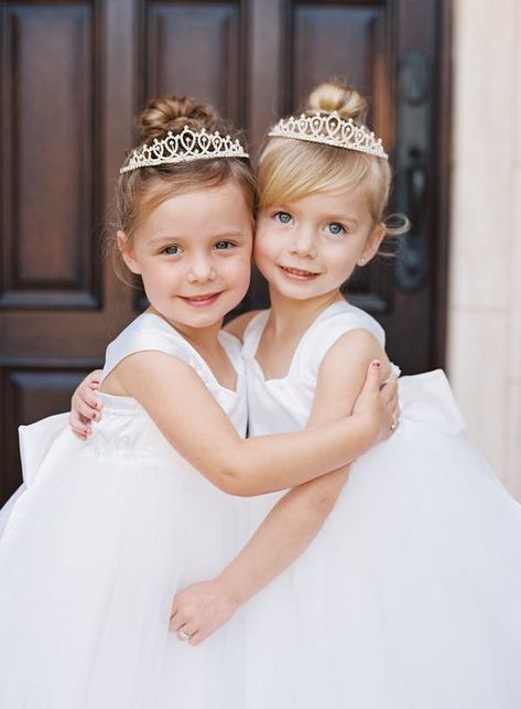 flower girl tiaras Long Sleeved Gown, Corset Back Wedding Dress, Kids Wedding Hair, Design Wedding Dress, Kids Hairstyles For Wedding, Sleeved Gown, Flower Girl Tiara, Lihi Hod, White Tulle Dress