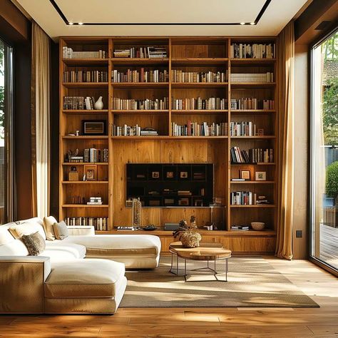 Bookshelves In Living Room With Tv, Bookshelf Design Ideas, Living Room With Tv, Room With Tv, Floor To Ceiling Bookshelves, Warm Wood Tones, Cozy Rug, Library Living Room, Ceiling Shelves