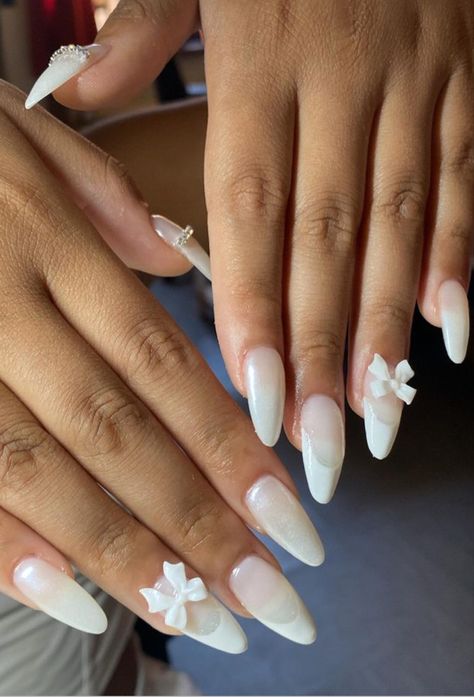 Nails Design With Charms, Almond Nails With Charms, Nails With Charms, Bow Nail Designs, Bunny Nails, Milky Nails, Year 9, Almond Nails Designs, Pearl Nails