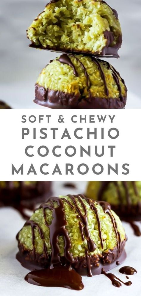 These easy homemade pistachio coconut macaroons are chewy and soft and made without sweetened condensed milk! A hint of rosewater makes these so special! Perfect for Christmas! Dark Chocolate makes these so special! Great homemade coconut cookies for the holidays #christmas #cookies #holidaybaking Pistachio Coconut Macaroons, Coconut Pistachio Cookies, Christmas Coconut Macaroons, Best Coconut Macaroons Recipe, Macaroons Recipe Coconut, Coconut Christmas Cookies, Slow Cooker Country Style Ribs, Country Style Ribs Recipe, Cookies With Coconut