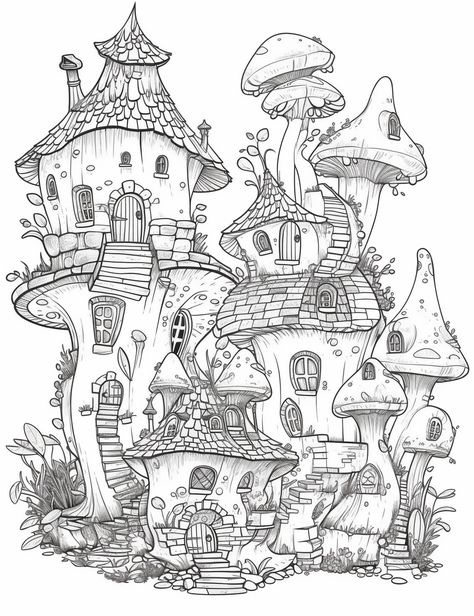 Colouring Book Pages Aesthetic, Fantasy House Drawing, Fairy House Drawing Cottages, Cottage Core Coloring Pages, Fairy Village Drawing, Detailed Coloring Pages For Grown Ups, Adult Colouring Printables Free, Fantasy Colouring Pages, Cottagecore Coloring Pages