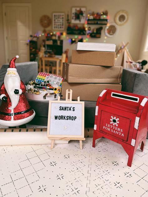 Santa's WhatsIt Workshop Wrapping Station Santa Workshop, Gift Wrapping Station, Wrapping Station, Types Of Play, Toy Shelves, Felt Letter Board, Santa's Workshop, Felt Letters, Ribbon Gift