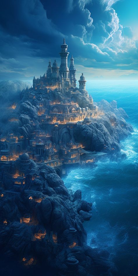 Air Kingdom Fantasy Art, Castles By The Sea, Sea Kingdom Fantasy Art, Water Castle Aesthetic, Beach Kingdom Fantasy Art, Fantasy Water Kingdom Aesthetic, Fantasy Ocean Kingdom, Seaside Kingdom Fantasy Art, Sea Castle Fantasy Art