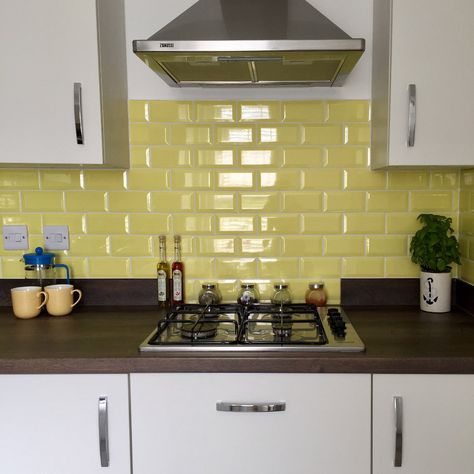 Explore how Ewelina injected color into her kitchen with Aldgate Yellow Metro Tiles. Get inspired by this vibrant and stylish design transformation. Yellow Tiles Kitchen, Grey Paving, Kitchen Yellow, Living Room Marble, Yellow Tile, Tiling Tools, Victorian Tiles, Metro Tiles, Tile Accessories