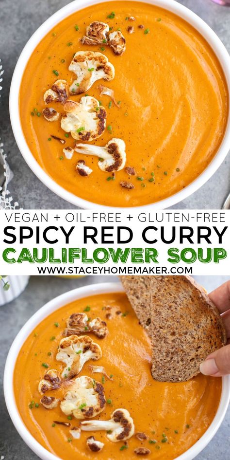 Vegan cauliflower soup is made with vegetables, spicy red curry paste, red lentils, and creamy coconut milk! It's super rich and creamy and it's naturally gluten-free, oil-free, and low-carb. #VeganCauliflowerSoup #SpicyCauliflowerSoup #CurryCauliflowerSoup Red Curry Cauliflower, Curry Cauliflower Soup, Spicy Cauliflower Soup, Vegan Cauliflower Soup, Spicy Soup Recipes, Curried Cauliflower Soup, Spicy Cauliflower, Cauliflower Soup Recipes, Spicy Soup