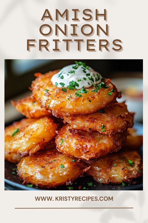 Delight your taste buds with Amish Onion Fritters! These crispy bites of goodness combine the sweetness of onions with a simple, savory batter. Ideal for any occasion, they’re a crowd-pleaser that pairs beautifully with dips or hearty meals. #foodie #snacks #eveningsnacks #indianfood #onion Muffin Tin Latkes Food Network, Air Fryer Amish Onion Fritters, Recipes That Use A Lot Of Onions, Recipes For Onions, Hearty Snacks For A Crowd, Onion Patties Recipe, Amish Onion Fritters Recipe, Amish Apple Fritters Recipe, Onion Appetizer Recipes